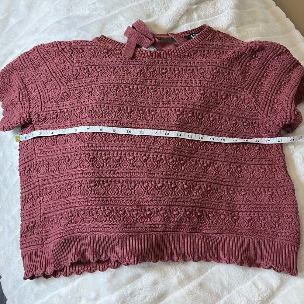 Women’s XL Dusty Rose Red Open Back Cropped Fall Spring Short Sleeve Sweater